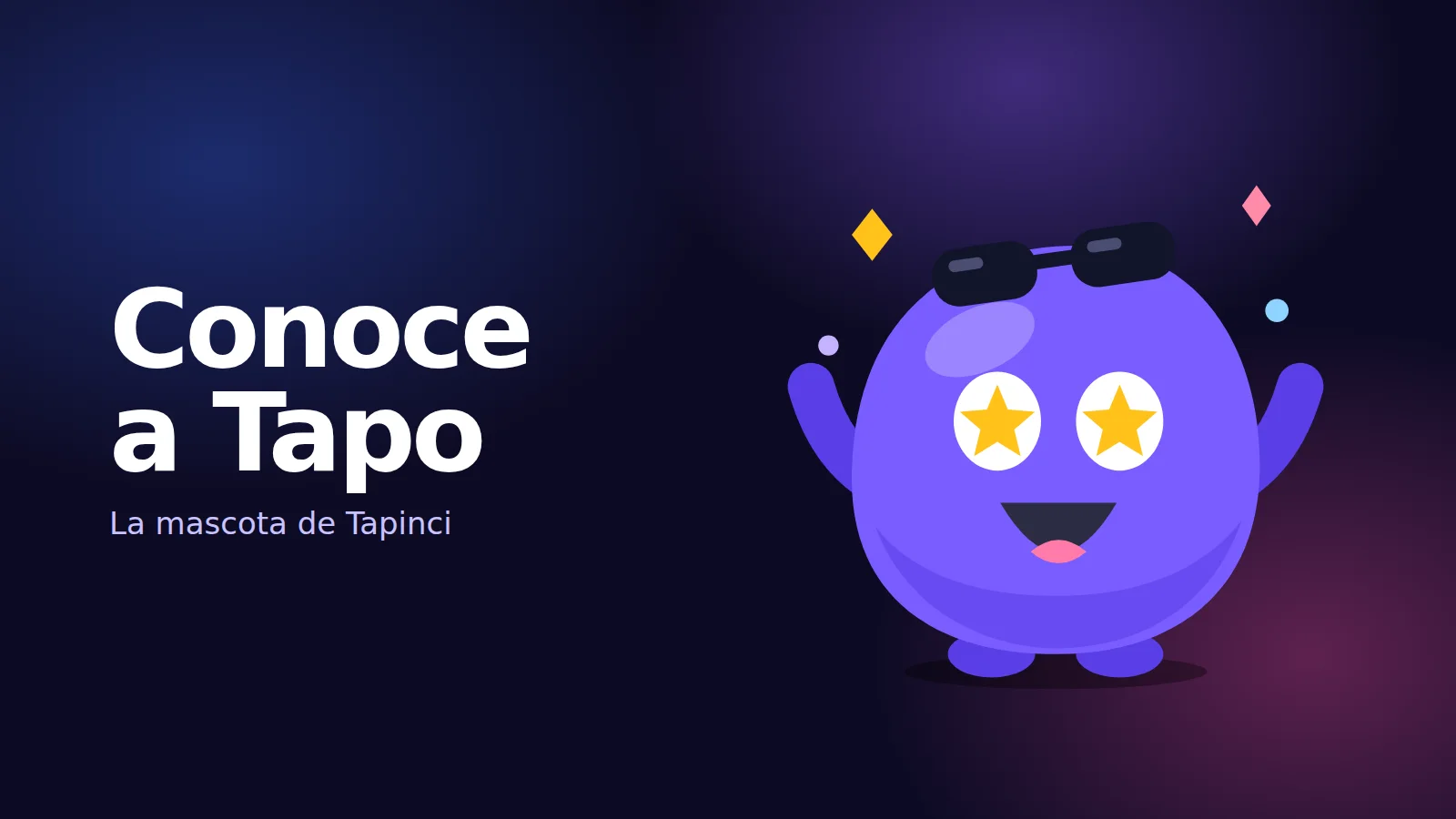 Tapo, la mascota morada de Tapinci, con ojos de estrella y lentes de sol en la cabeza