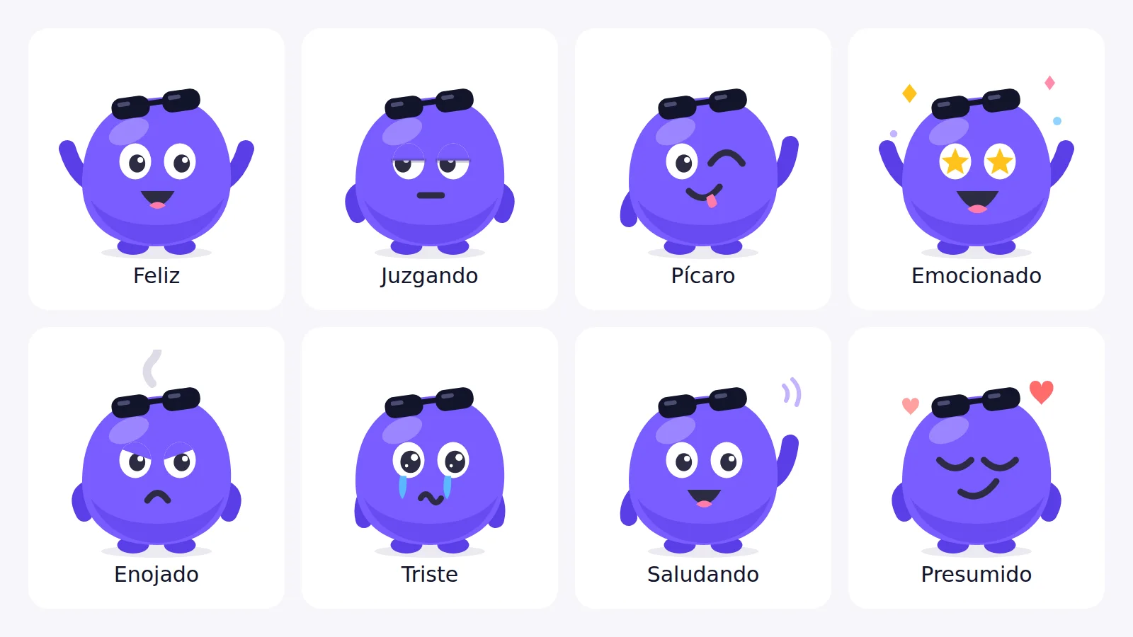 Las ocho caras de Tapo: feliz, juzgando, pícaro, emocionado, enojado, triste, saludando y presumido